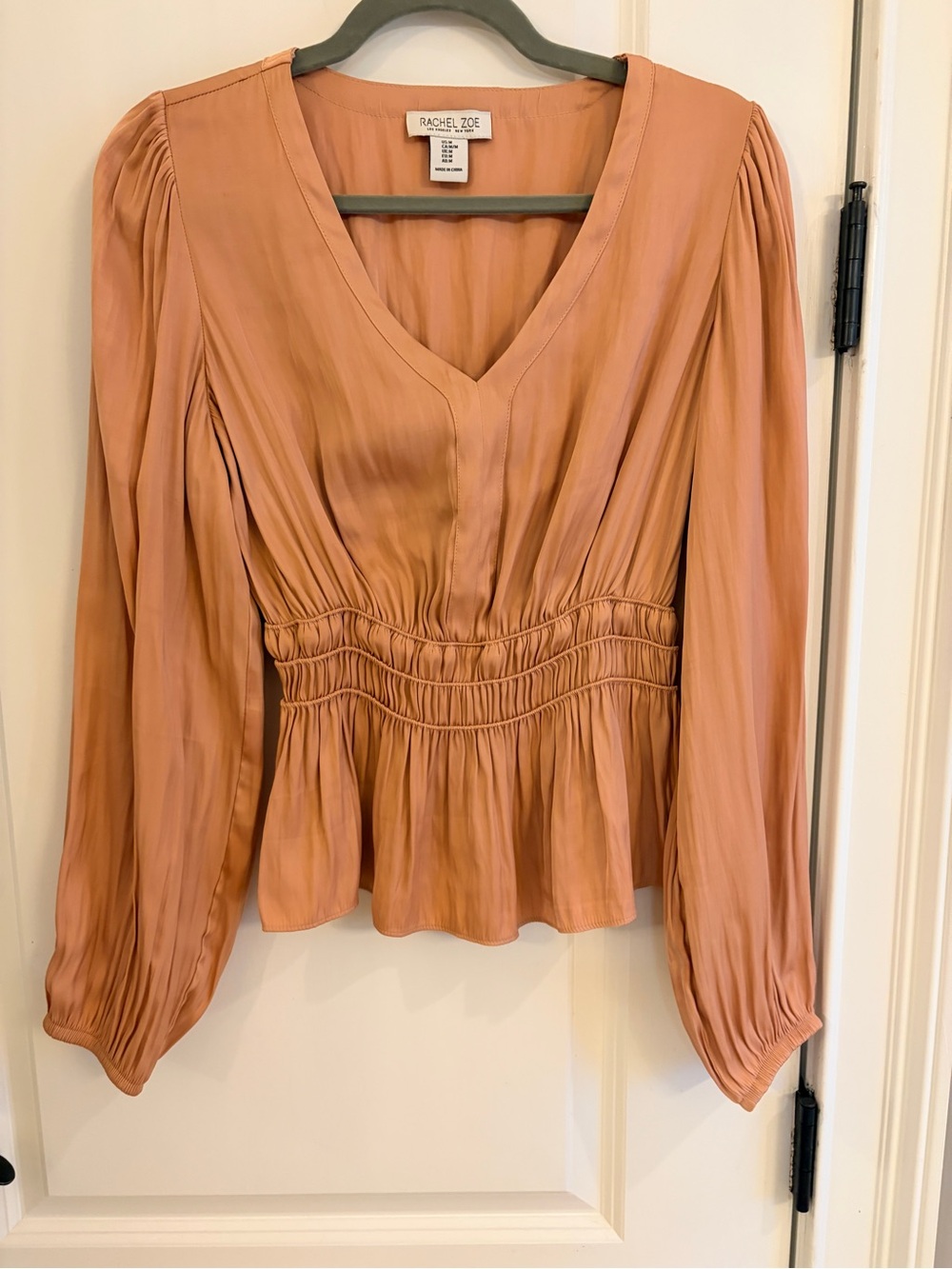 Rachel Zoe Blush Satin Smocked Peplum Blouse Puff Sleeve Top Medium
